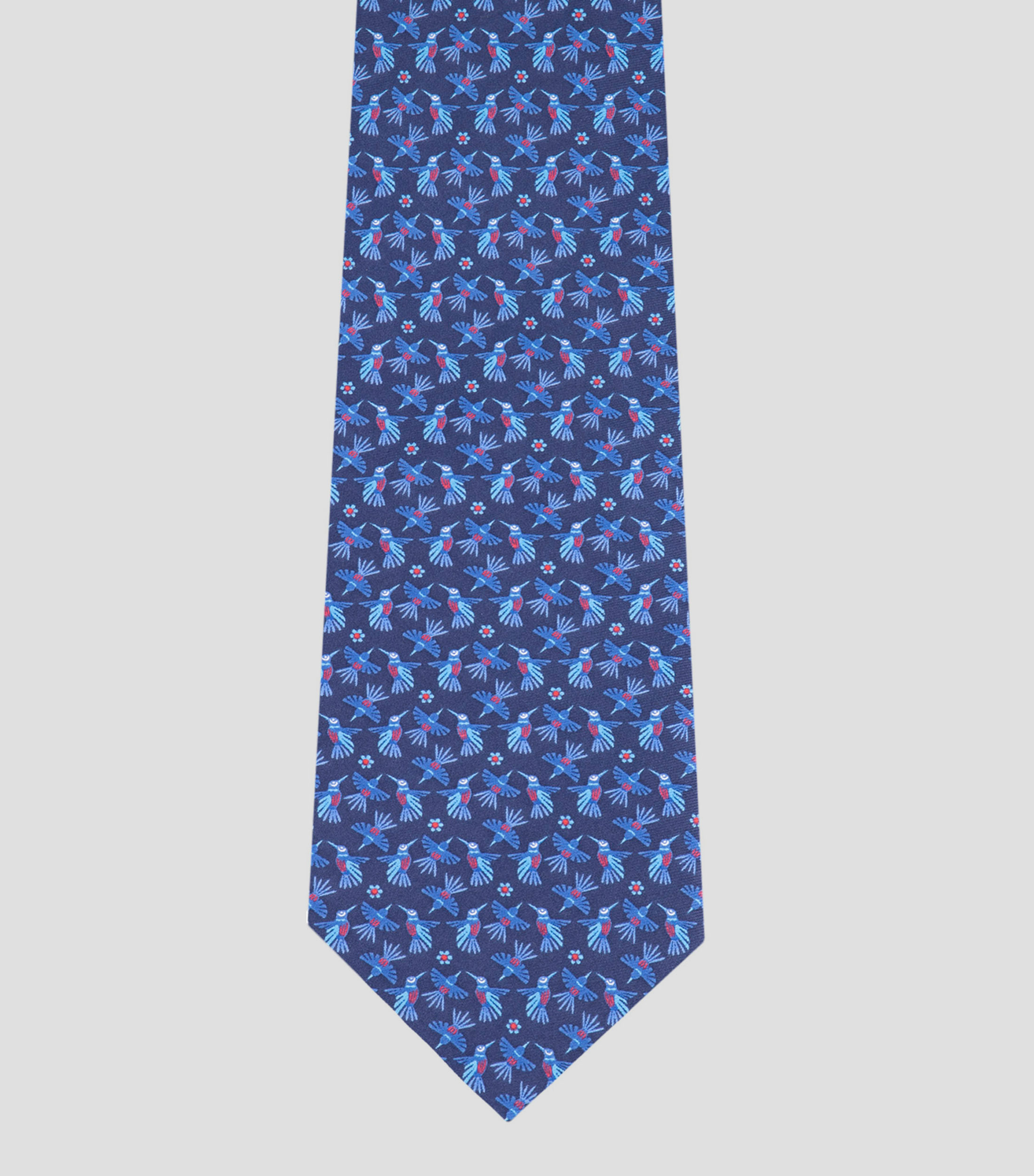 Corbata ancha en seda azul con colibríes